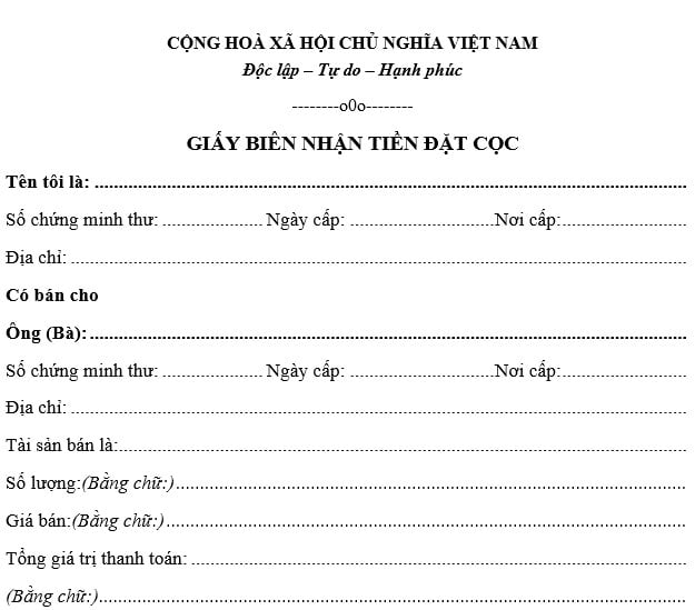 mẫu giấy đặt cọc tiền xe ô tô