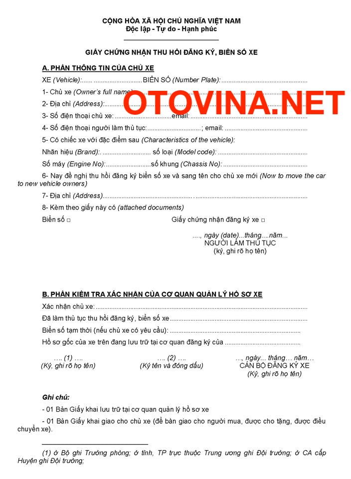 Quyết định thu hổi đăng ký và biển số xe